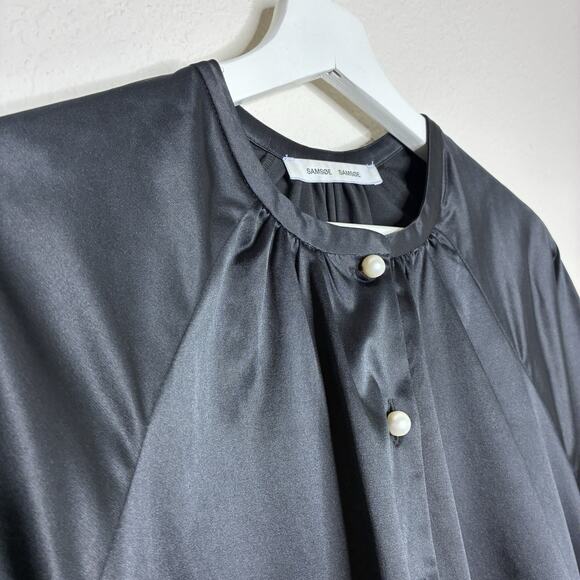Samsoe Samsoe Black Satin Balloon Sleeve Pocketed Swing Dress XS - Picture 2 of 12